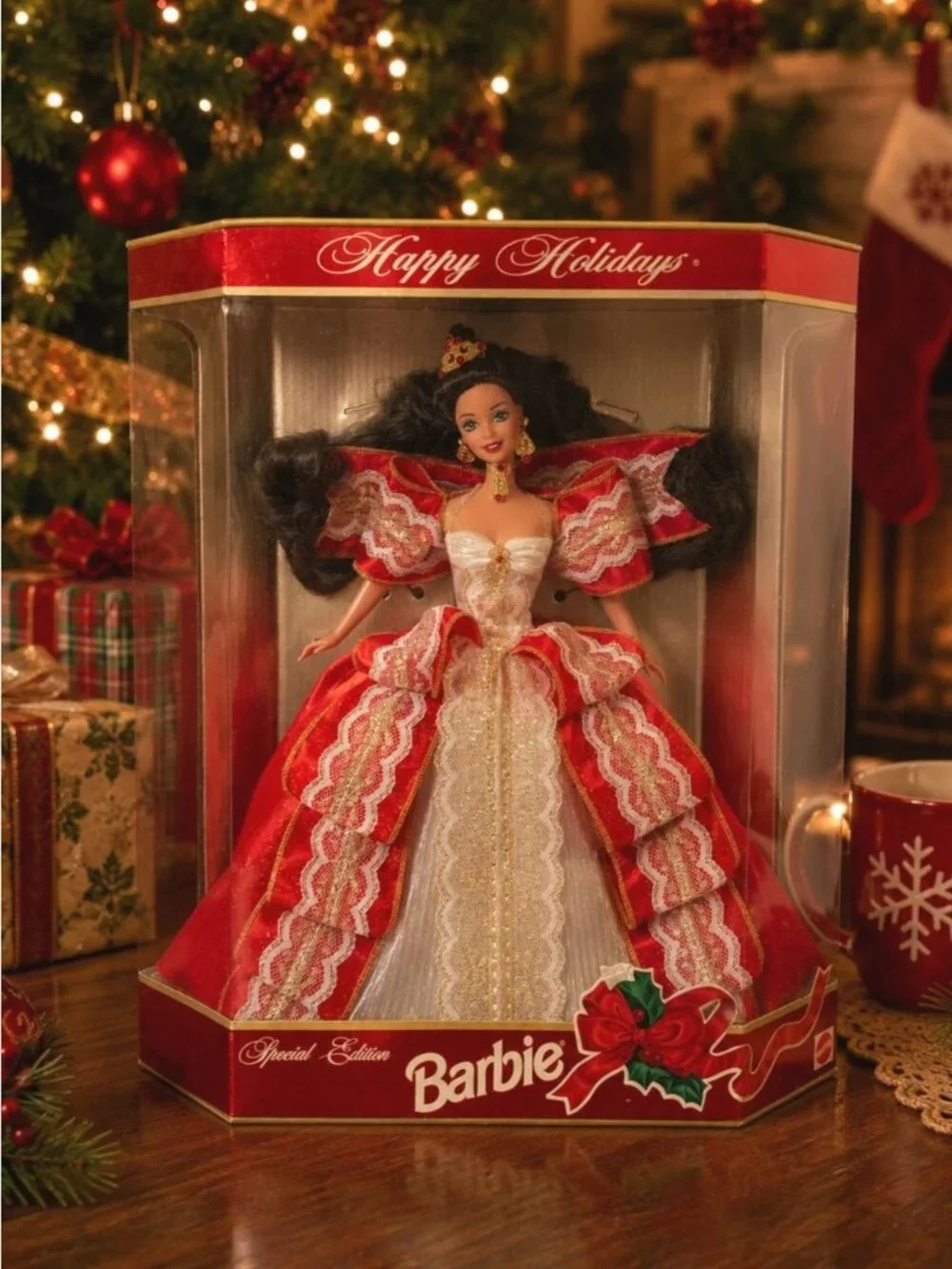 Vintage 1997 Christmas Barbie Happy Holidays Red Lace Dress Unopened NEW